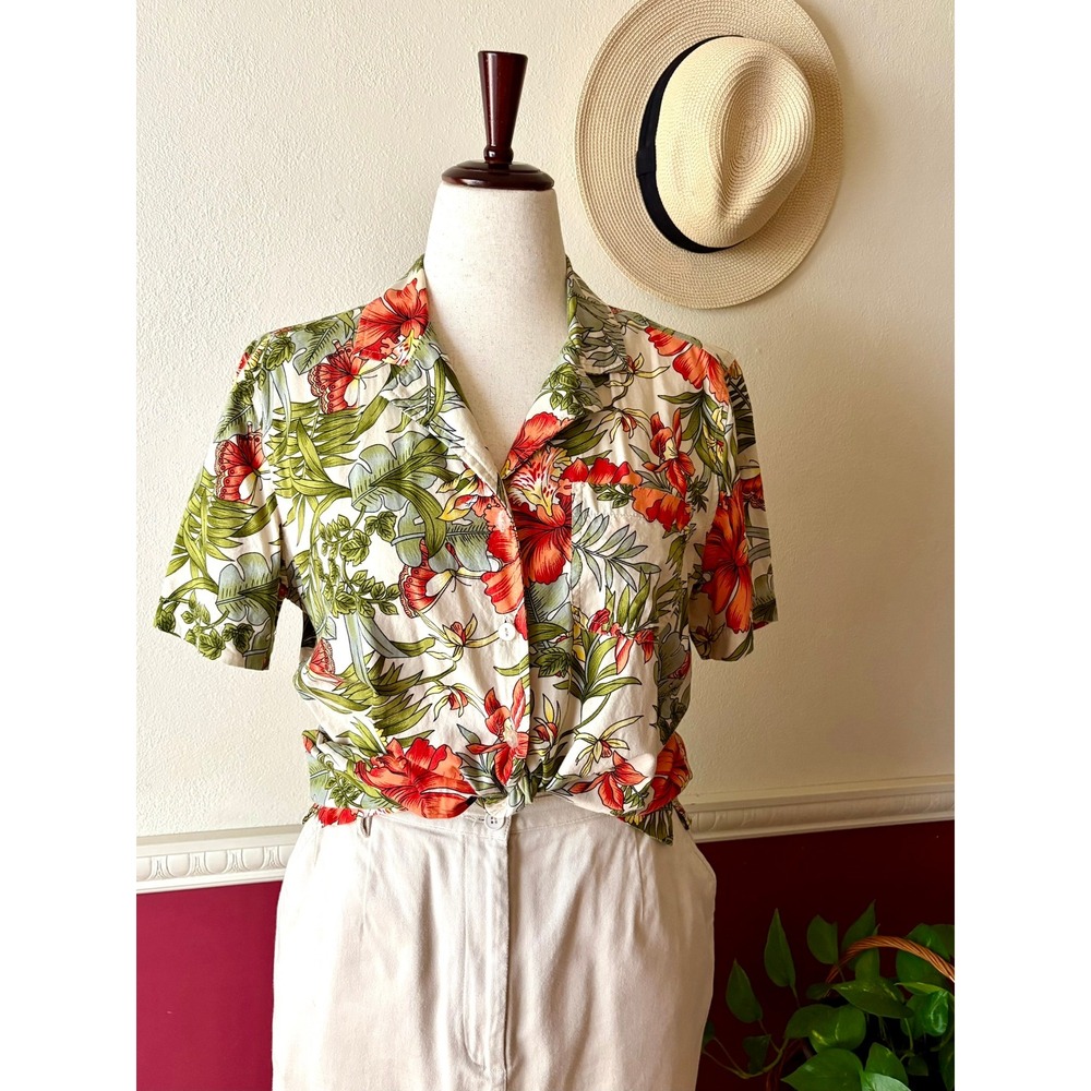 Erika Vintage Camp Shirt Tropical Hibiscus Floral Button Down Cotton Rayon Top M